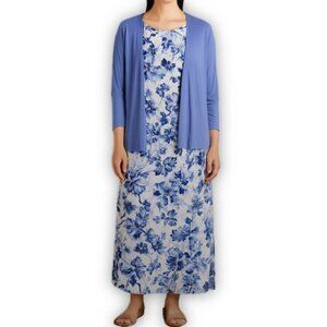 Belle by Kim Gravel Maxi Dress Cardigan Set Blue Floral Knit Womens Size Medium